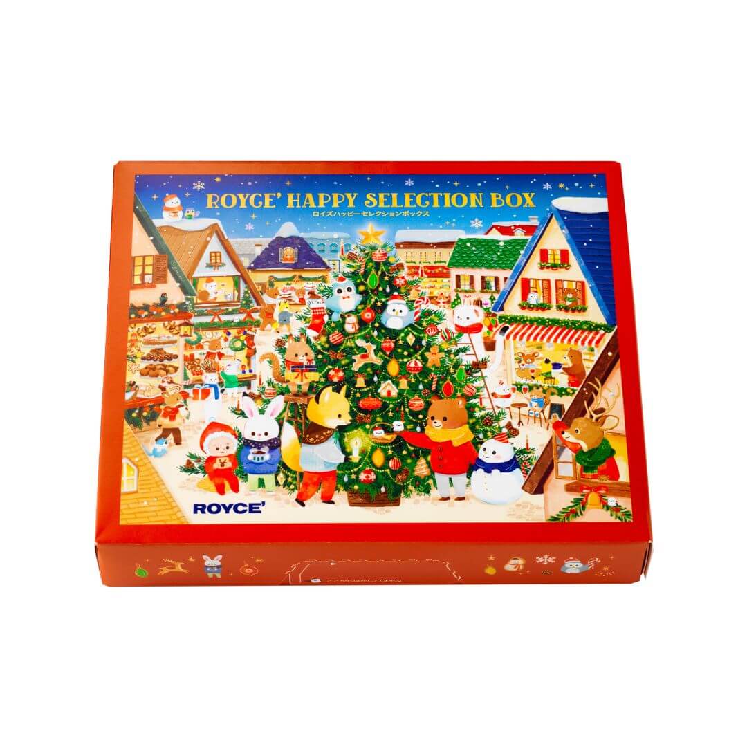 ROYCE' Happy Selection Box lid with cartoon animals decorating a Christmas tree; contains 40 assorted chocolates, including Prafeuille and Pure Chocolate varieties, perfect for holiday gifting.