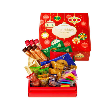 ROYCE' Chocolate - ROYCE' Holidays Selection (32 Pcs) - Image shows on top right a printed red box with illustrations of decoration balls and lamps. Text says ROYCE' Holidays Selection. Image on lower left shows an open red box with various individually-wrapped confections. Background is in white.