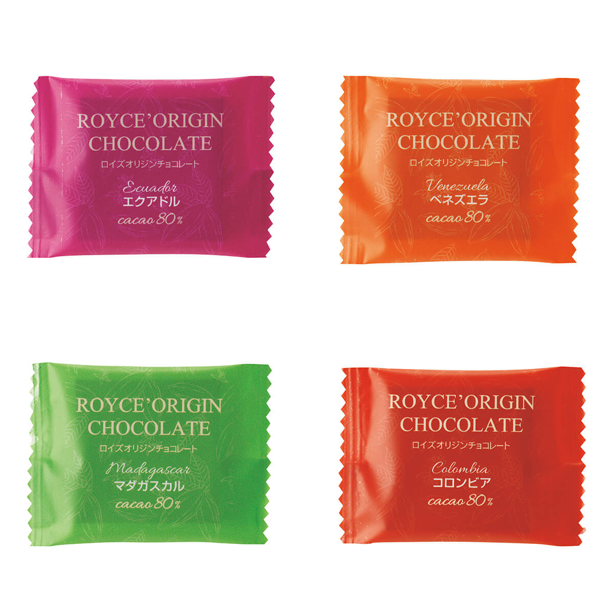 ROYCE' Chocolate - Image shows wrapped chocolates in red, orange, green, and pink with text saying ROYCE' Origin Chocolate.