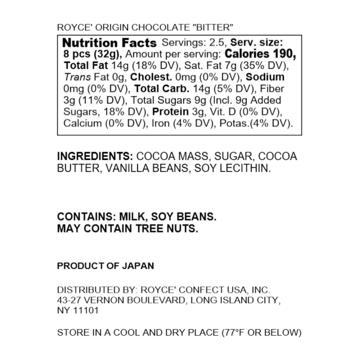 ROYCE' Chocolate - ROYCE' Origin Chocolate "Bitter" - Nutrition Facts