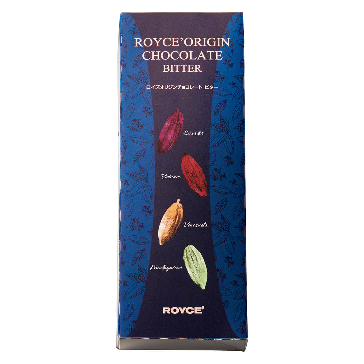 ROYCE' Chocolate - ROYCE' Origin Chocolate "Bitter" - ROYCE' Origin Chocolate "Bitter" packaging with chocolate illustrations on a blue background