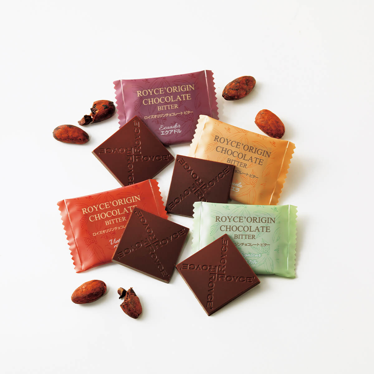 ROYCE' Chocolate - ROYCE' Origin Chocolate "Bitter" - Image shows packets of chocolate squares with white background.