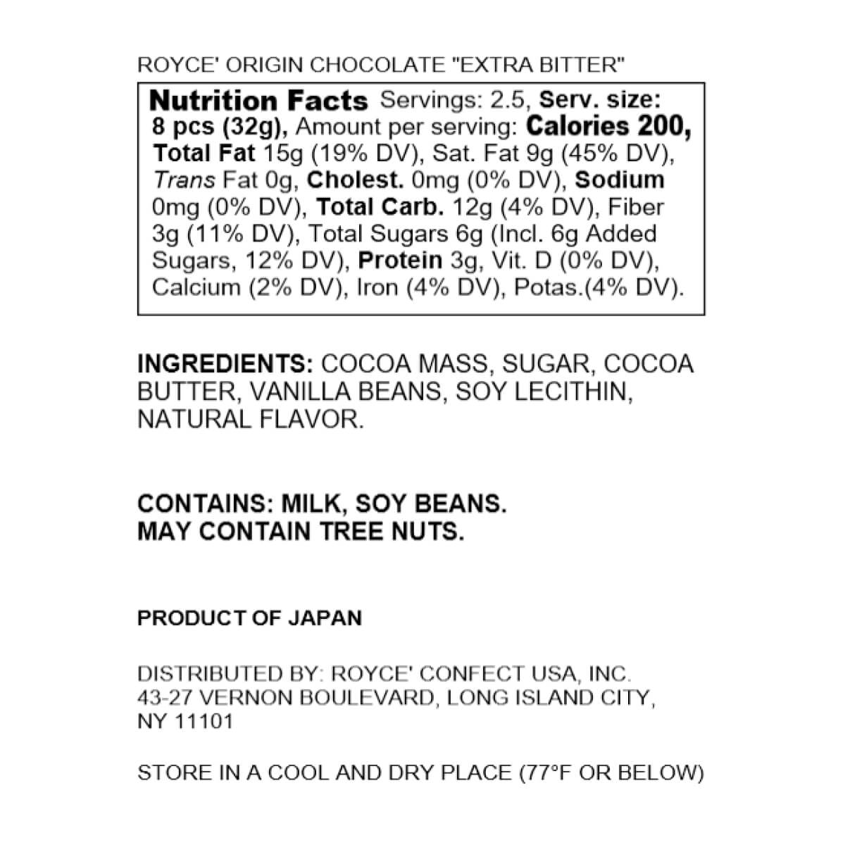 ROYCE' Chocolate - ROYCE' Origin Chocolate "Extra Bitter" - Nutrition Facts