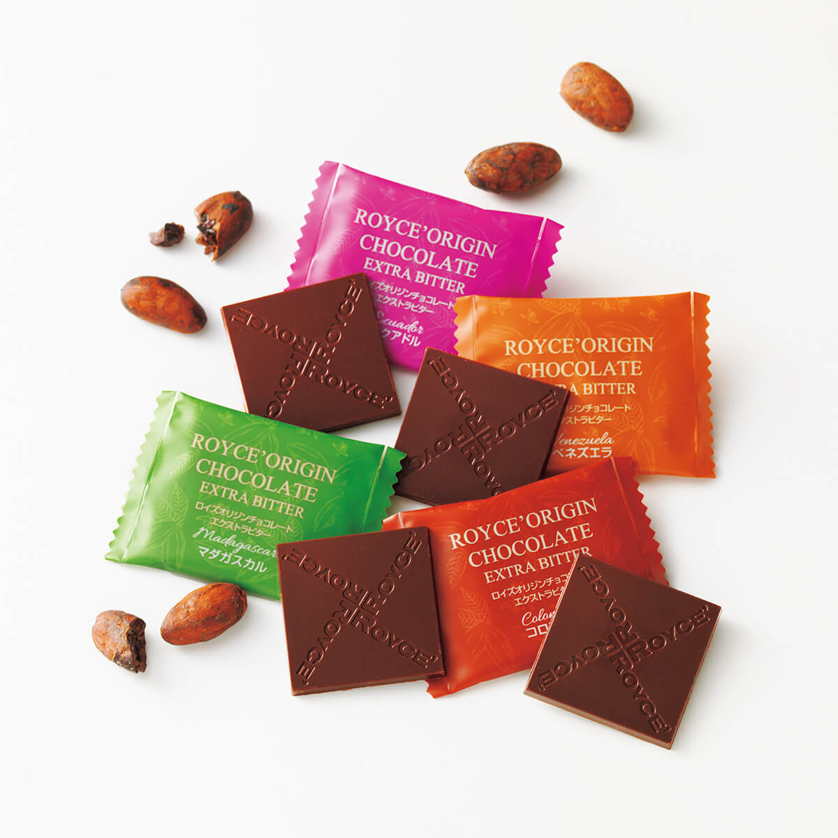 ROYCE' Chocolate - ROYCE' Origin Chocolate "Extra Bitter" - ROYCE' Origin Chocolate "Extra Bitter" packets on a white background