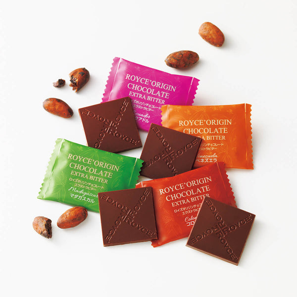 ROYCE' Chocolate - ROYCE' Origin Chocolate "Extra Bitter" - ROYCE' Origin Chocolate "Extra Bitter" packets on a white background