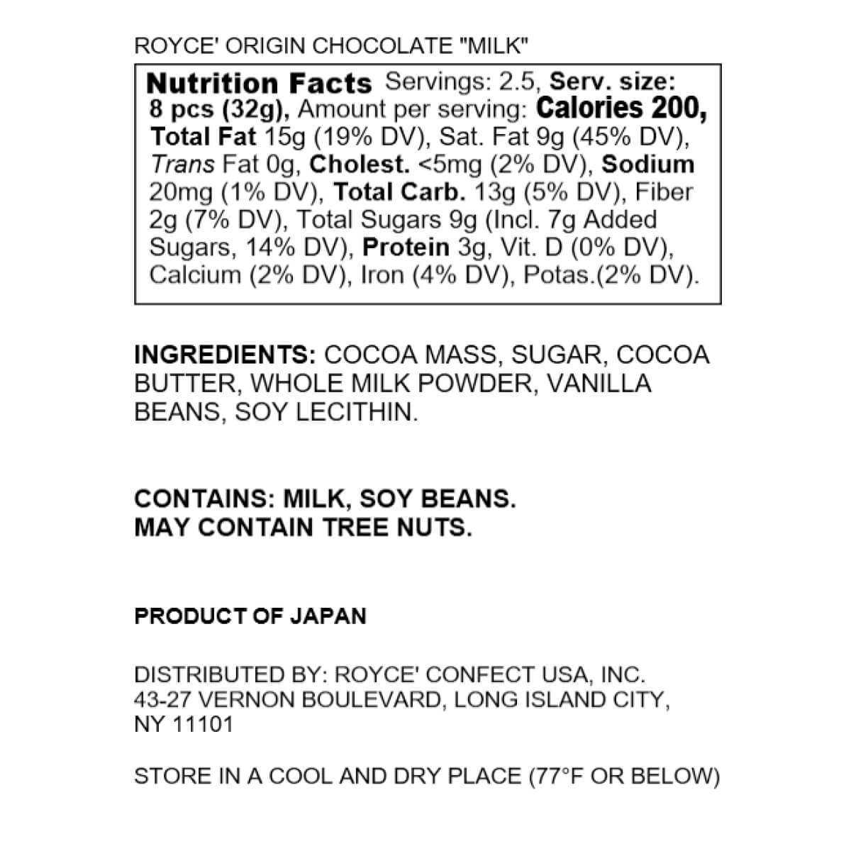 ROYCE' Chocolate - ROYCE' Origin Chocolate "Milk" - Nutrition Facts