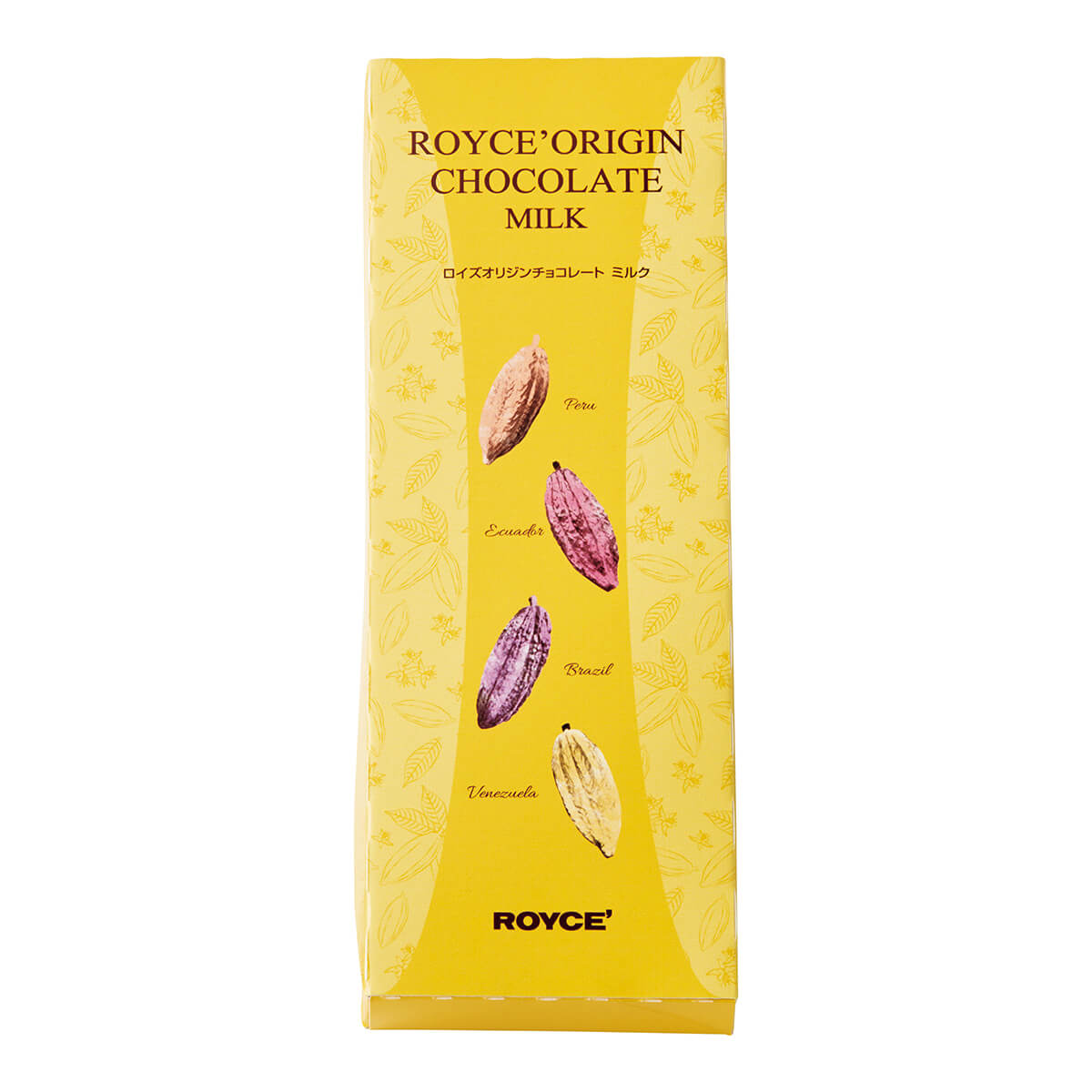 ROYCE' Chocolate - ROYCE' Origin Chocolate "Milk" - ROYCE' Origin Chocolate "Milk" packaging with cocoa beans on a yellow background