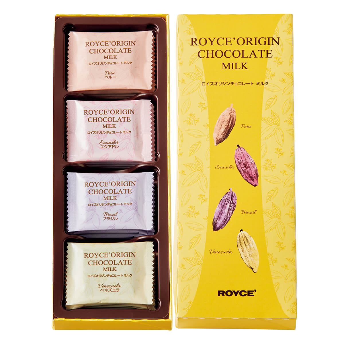 ROYCE' Chocolate - ROYCE' Origin Chocolate "Milk" -  ROYCE' Origin Chocolate Milk packaging with yellow and brown design