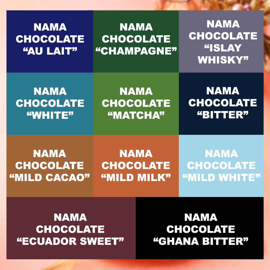 ROYCE' Prestige Nama Chocolate Collection - Image shows a collage of different colors with white text.