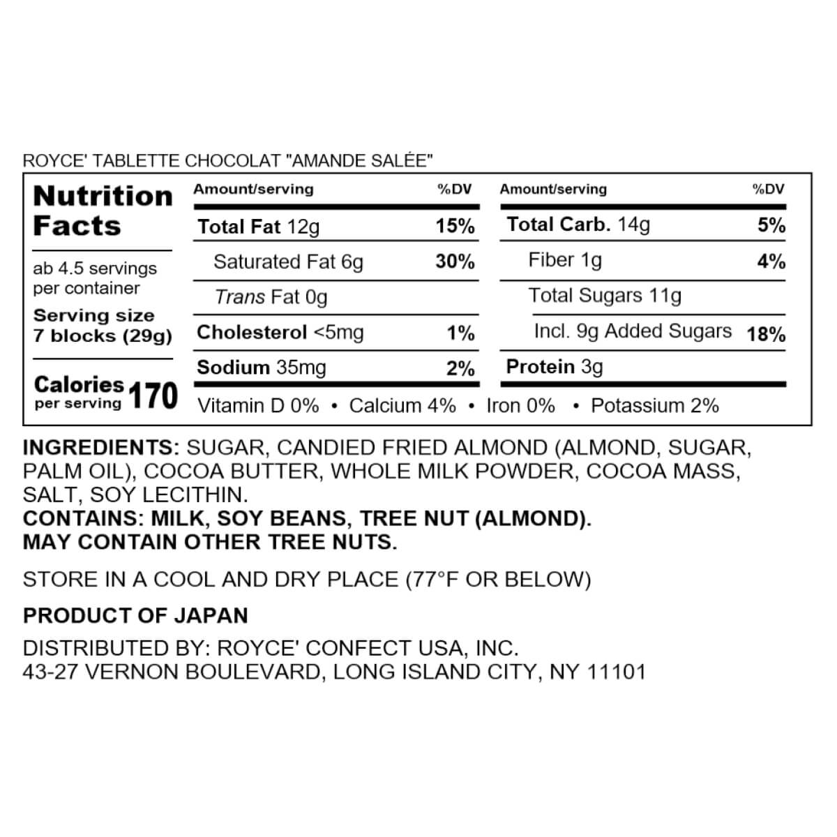 ROYCE' Tablette Chocolat Amande Salée Nutrition Facts and ingredients, highlighting salted almond milk chocolate with 170 kcal per serving, containing milk, soy, and almonds.