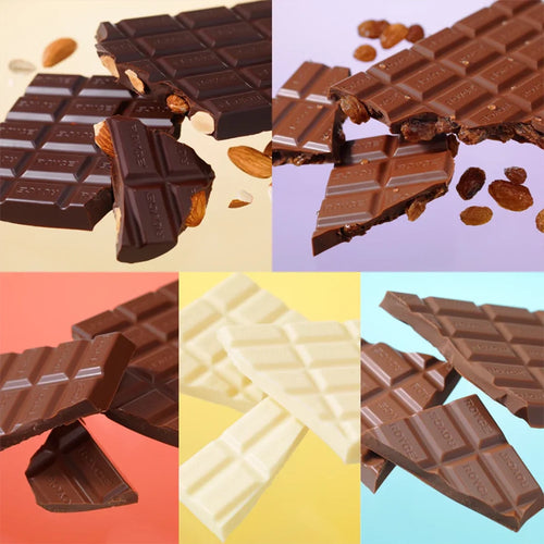 ROYCE' Chocolate Bar Selection collage: dark with almonds, milk with raisins, plain dark, white, and plain milk chocolate bars, showcasing diverse flavors.