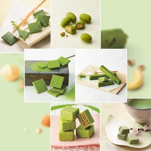 ROYCE' Matcha Collection features assorted matcha confections: embossed chocolates, matcha-coated almonds, dusted bars, wafer chocolates, and sugar-dusted ganache squares.