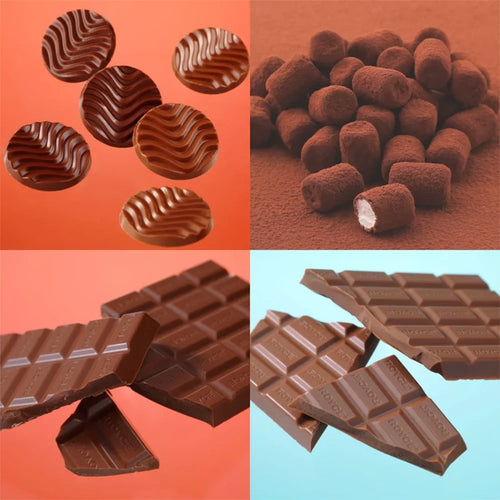 ROYCE' Milk Chocolate Selection collage: wavy chocolate disks, cocoa-dusted truffles, broken milk chocolate bar pieces, showcasing exclusive milk chocolate delights.
