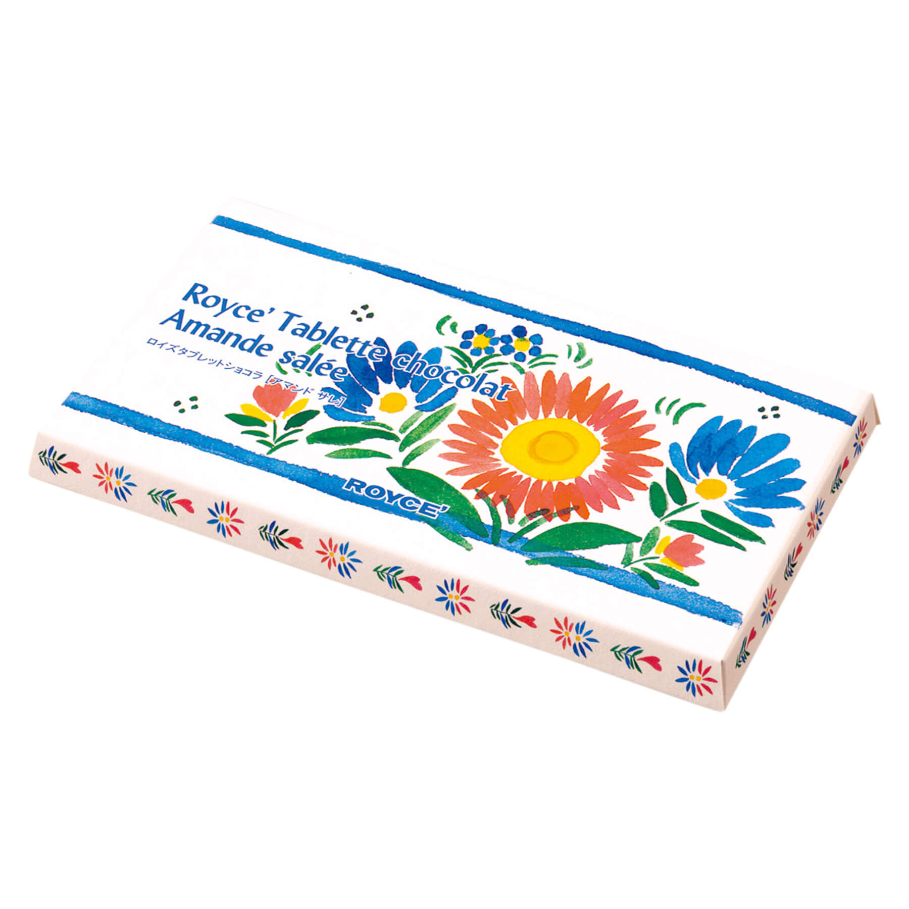 ROYCE' Chocolate - ROYCE' Tablette Chocolat "Amande Salée" - Image shows a rectangular chocolate bar box with prints of flowers and leaves in blue, green, yellow, and red.  Text says ROYCE' Tablette Chocolat Amande Salée. ROYCE'.