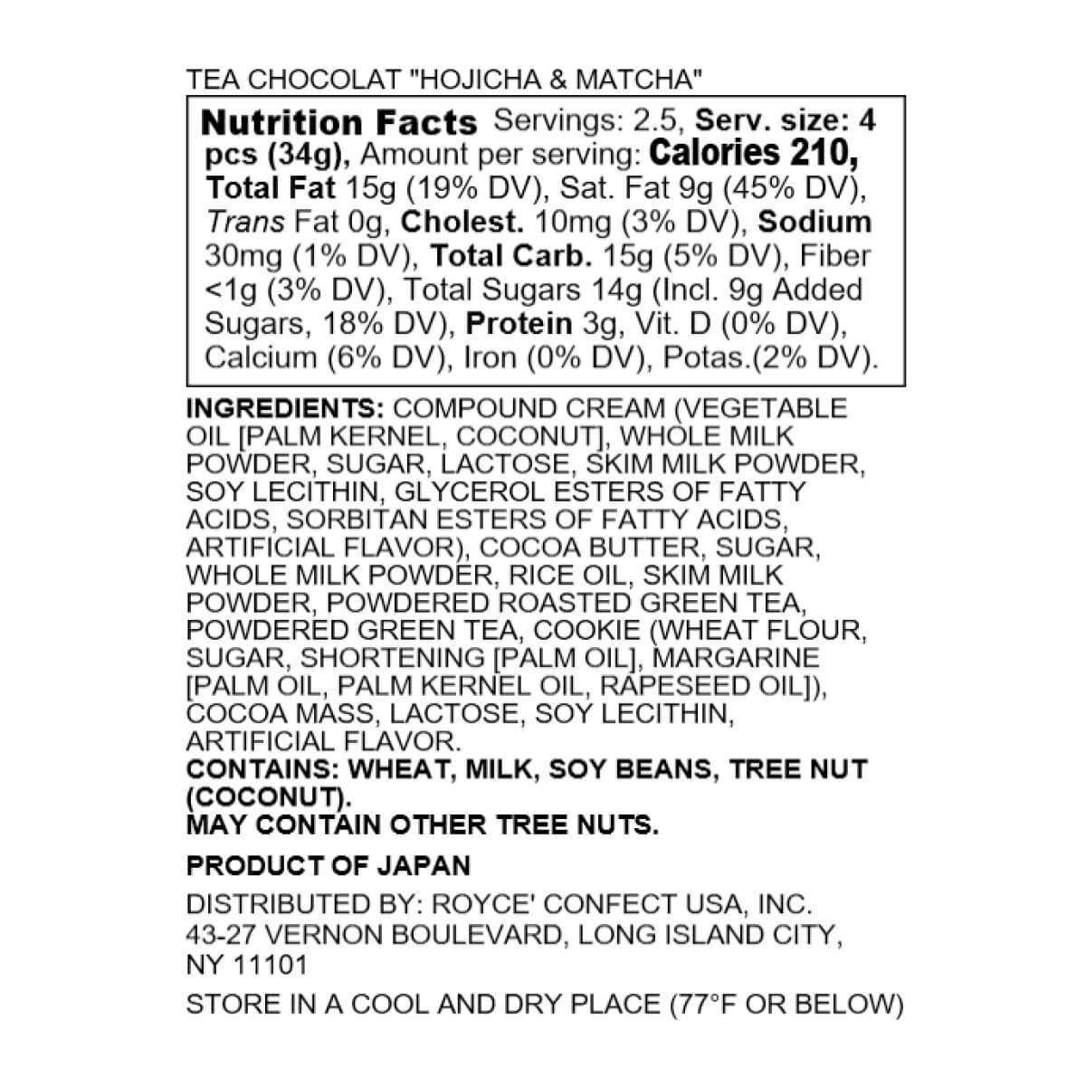 ROYCE' Chocolate - Tea Chocolat "Hojicha & Matcha" - Nutrition Facts