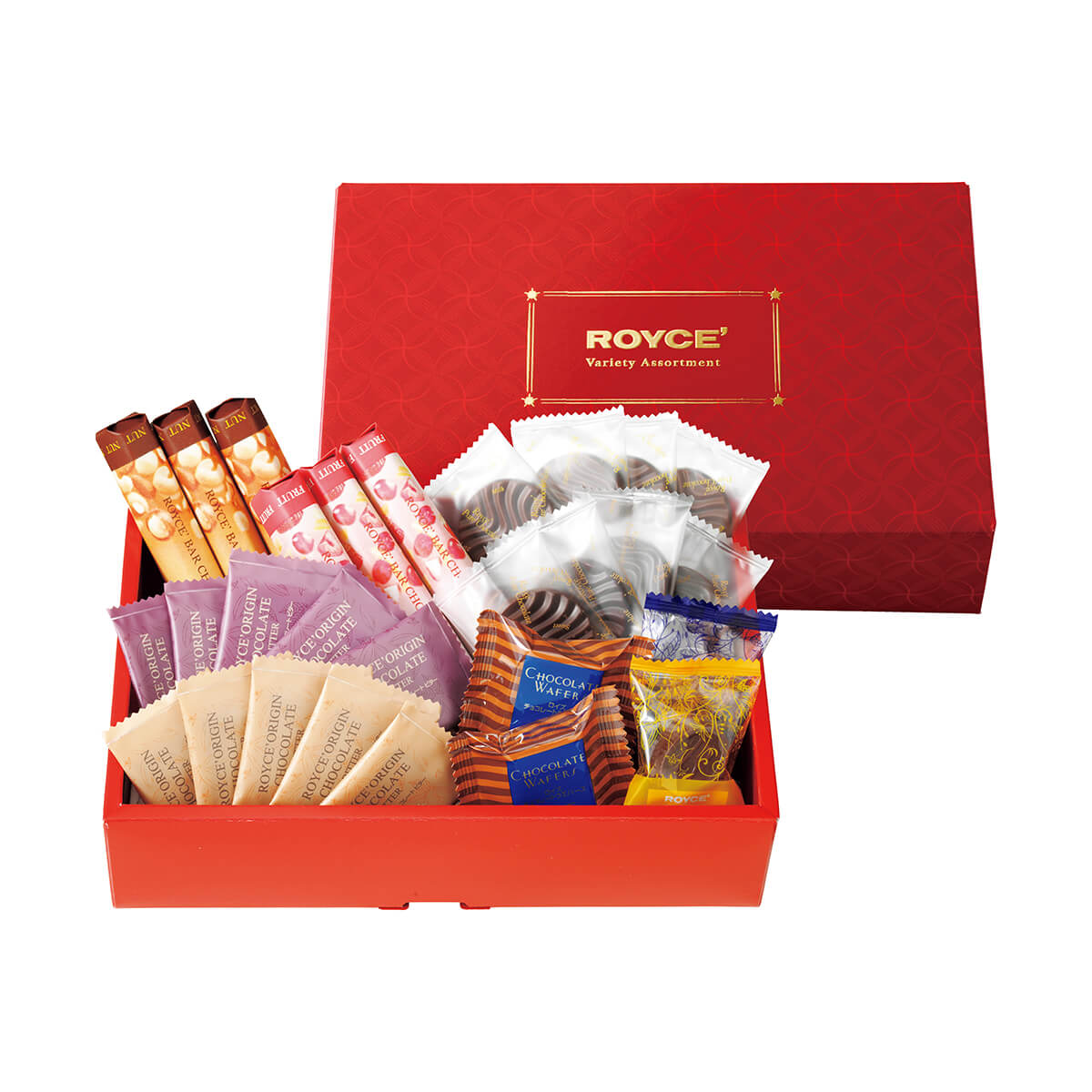 ROYCE' Chocolate - ROYCE’ Variety Assortment - Image shows (on lower left middle) a red box filled with individually-wrapped confections and (on top middle right) a red box with gold text saying ROYCE' Variety Assortment.