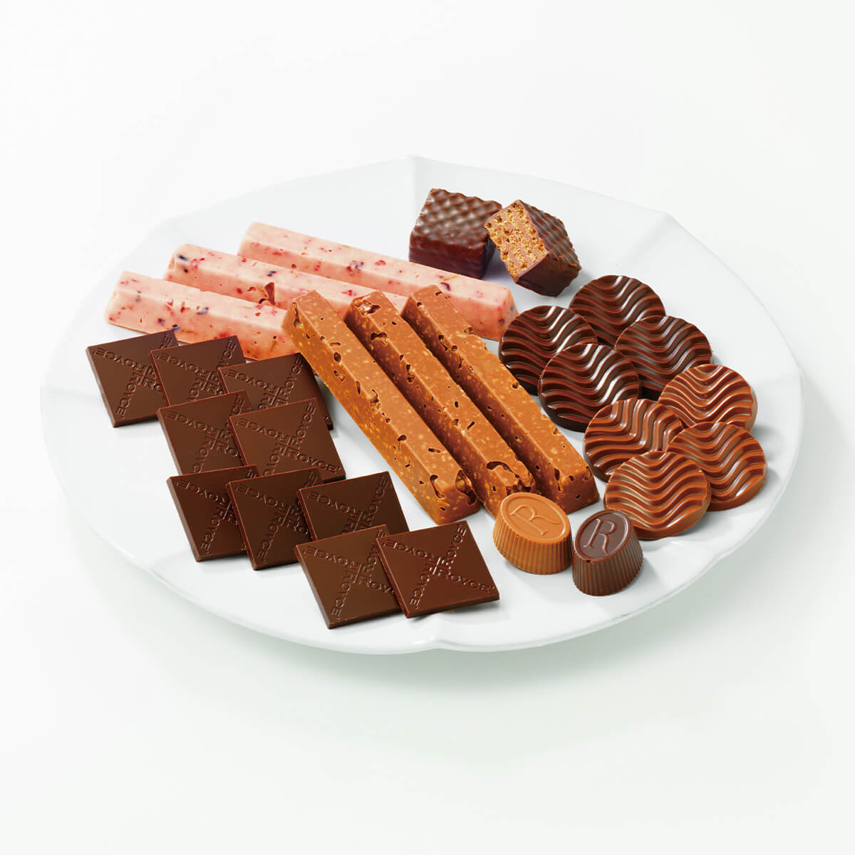 ROYCE' Chocolate - ROYCE’ Variety Assortment - Image shows different kinds of chocolates on a white plate.