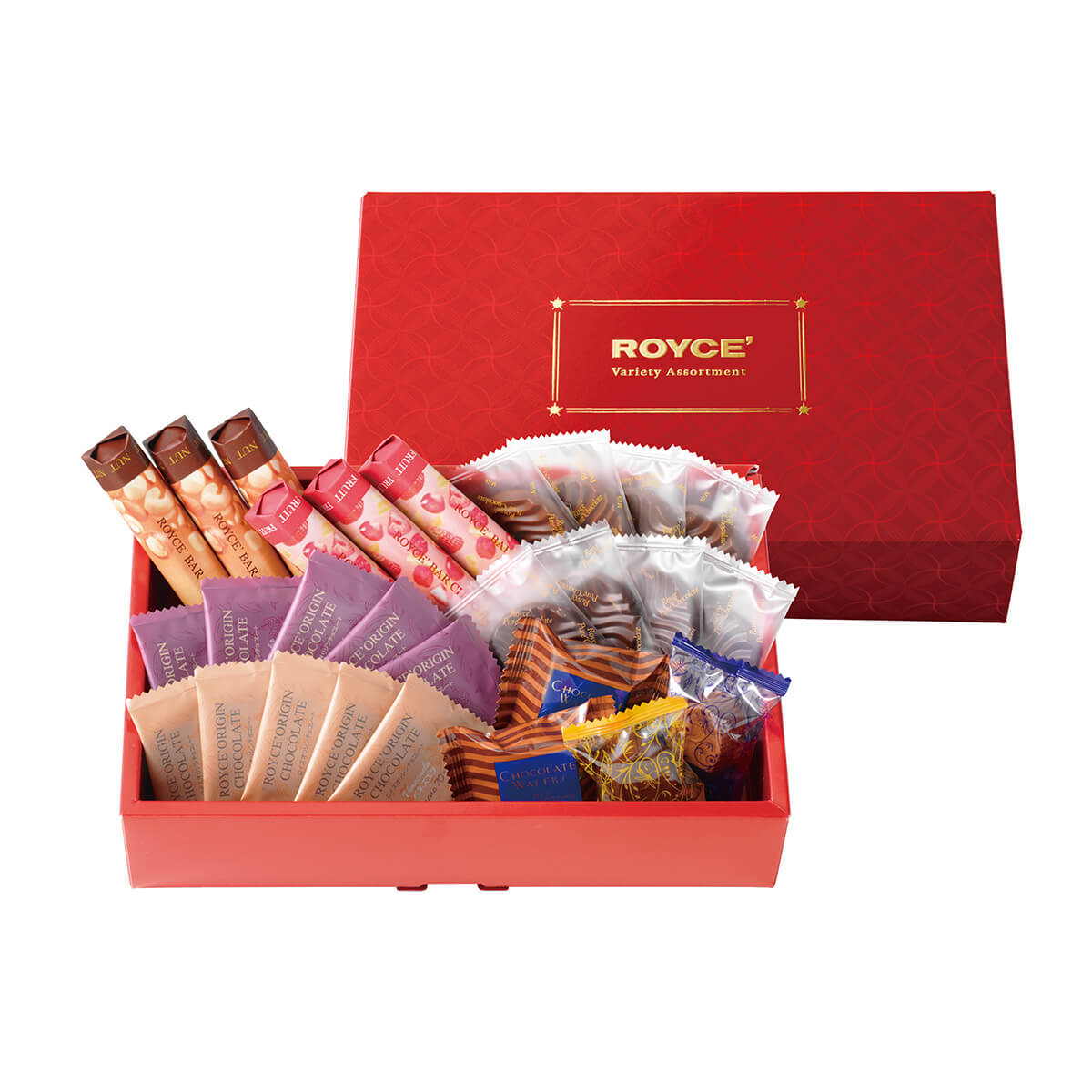 ROYCE' Chocolate - ROYCE’ Variety Assortment - Image shows (on lower left middle) a red box filled with individually-wrapped confections and (on top middle right) a red box with gold text saying ROYCE' Variety Assortment.