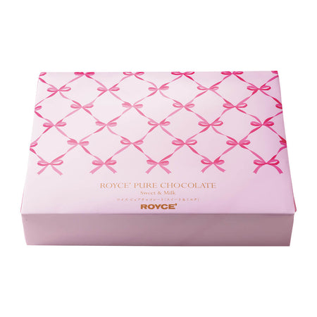 ROYCE' Chocolate - Pure Chocolate "Sweet & Milk" (Gift) - Image shows a pink box with ribbon prints and gold text saying ROYCE' Pure Chocolate Sweet & Milk ROYCE'.