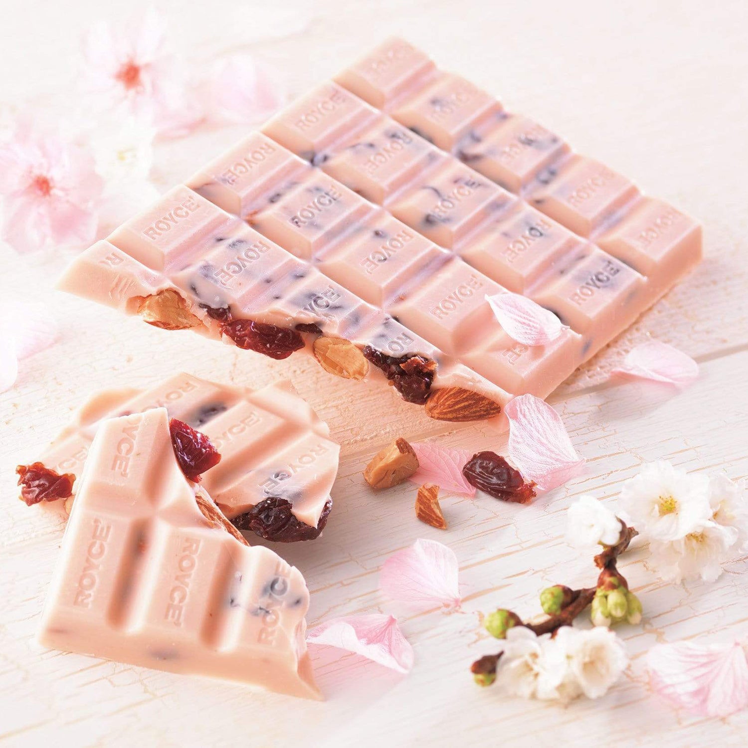 ROYCE' Chocolate - Chocolate Bar "Sakura Berry (Cherry & Almond)" - Image shows pink chocolate bars with dried cherries and almonds, as engraved with the word "ROYCE'". Accents include flowers in white and light pink with twigs in green and brown. Background is wood painted in white.