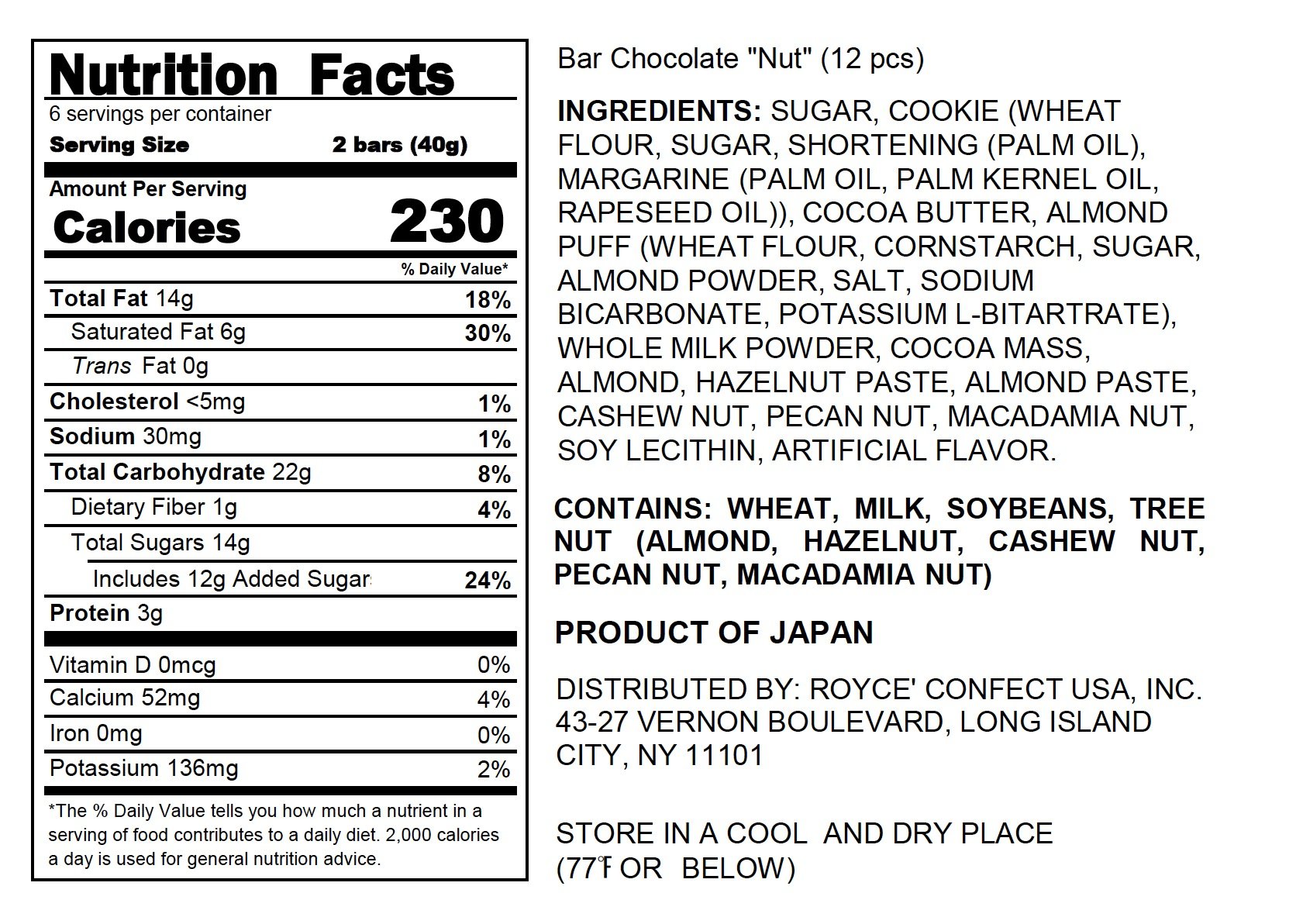ROYCE' Chocolate - Bar Chocolate "Nut" - Nutrition Facts