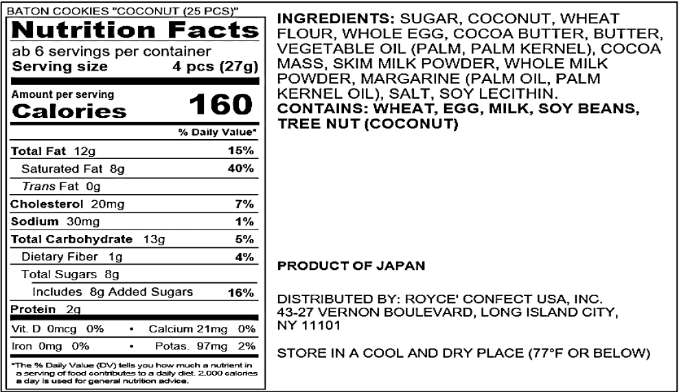 ROYCE' Chocolate - Baton Cookies "Coconut" - Nutrition Facts