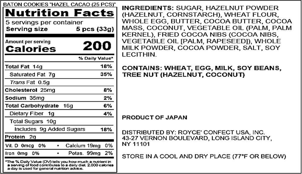 ROYCE' Chocolate - Baton Cookies "Hazel Cacao" - Nutrition Facts
