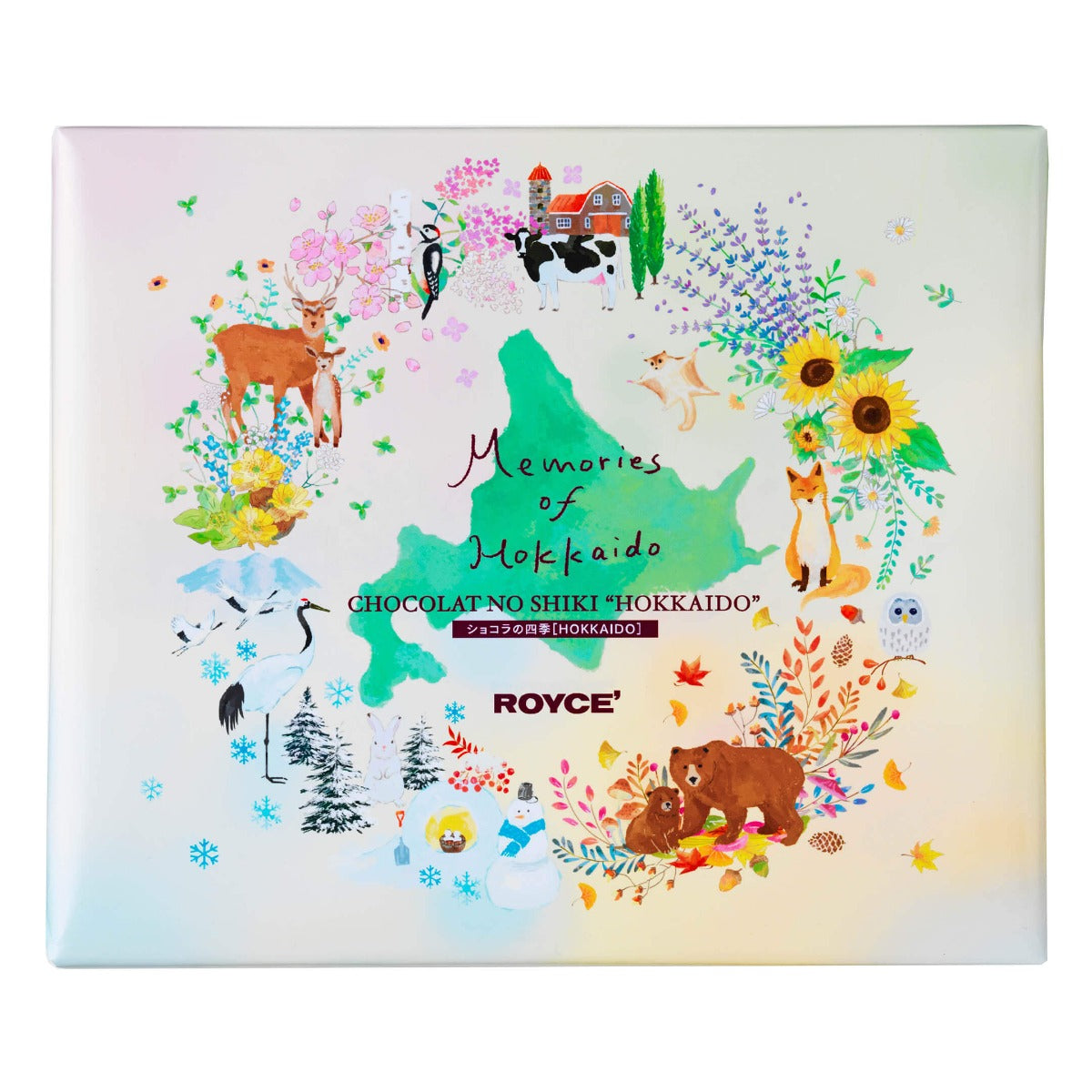 ROYCE' Chocolate - Chocolat No Shiki "Hokkaido" - Image shows a printed yellow box with illustrations of deer, birds, bears, a cow, a snowman, a fox, flowers, leaves, trees, and snowflakes. Colors seen are a mix of brown, green, white, yellow, and blue. Text in the middle says Memories of Hokkaido. Chocolat No Shiki "Hokkaido". ROYCE'. Background is in white.
