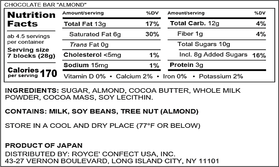ROYCE' Chocolate - Chocolate Bar "Almond" - Nutrition Facts