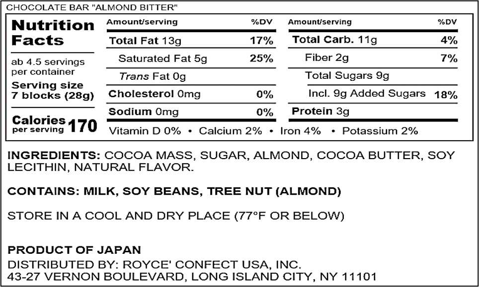 ROYCE' Chocolate - Chocolate Bar "Almond Bitter" - Nutrition Facts