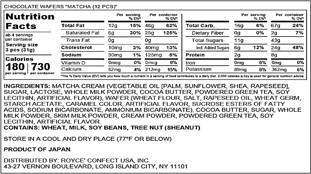 ROYCE' Chocolate - Chocolate Wafers "Matcha" - Nutrition Facts