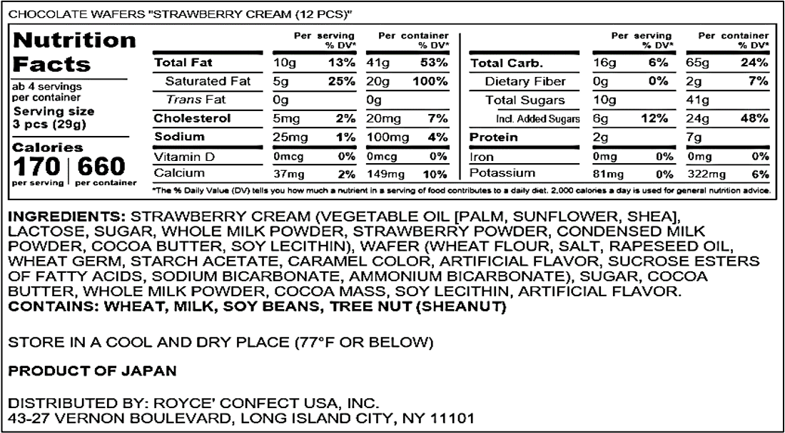 ROYCE' Chocolate - Chocolate Wafers "Strawberry Cream" - Nutrition Facts