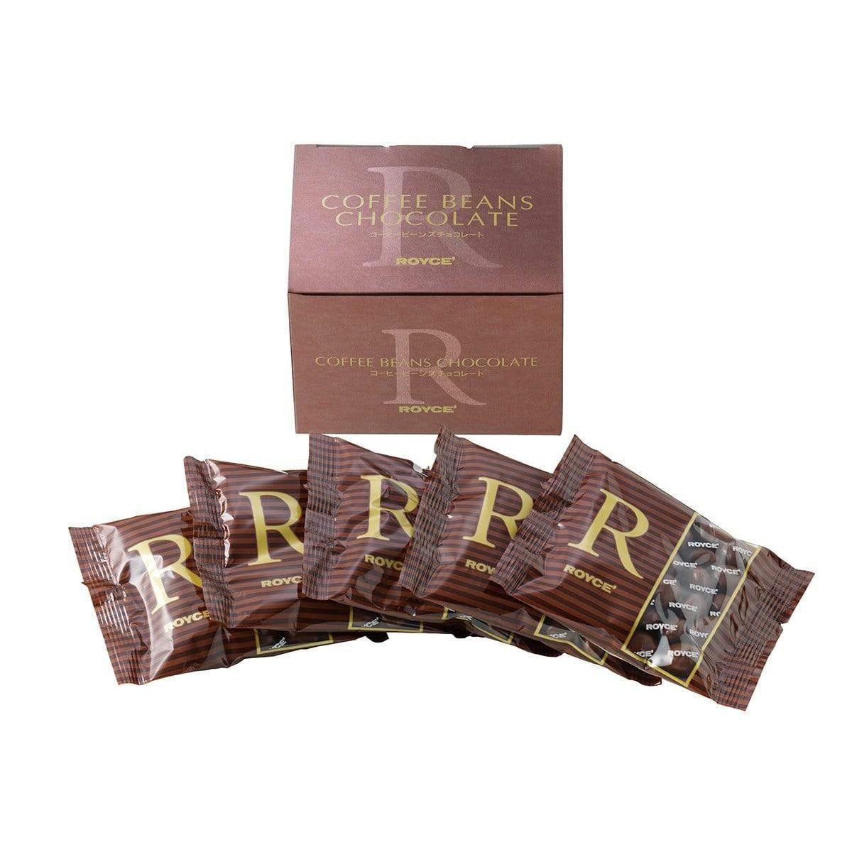 ROYCE' Chocolate - Coffee Beans Chocolate - Image shows a brown box with the words Coffee Beans Chocolate on top and bottom. Below are five packets with brown stripes and golden letters. Text says R ROYCE'.