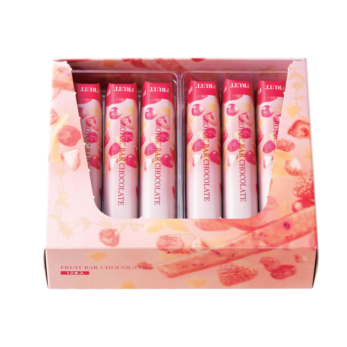 ROYCE' Chocolate - Fruit Bar Chocolate - Image shows a pink open box with wrapped bars inside. Text on each wrapped bar says ROYCE' Bar Chocolate.