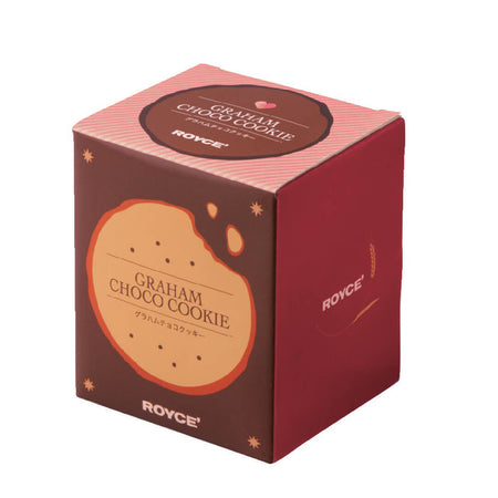 ROYCE' Chocolate - Graham Chocolate Cookie - Image shows brown and red box with graphics of cookies and stars. Text seen say Graham Choco Cookie ROYCE'.