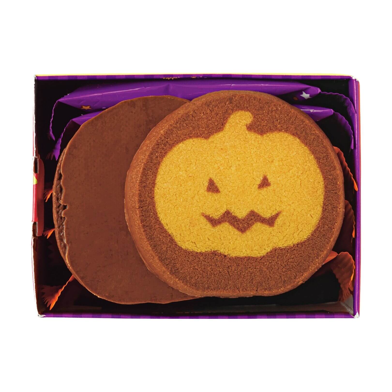 Image shows a box cookies in yellow and brown with a pumpkin illustration with smiley face. Background is in color white.