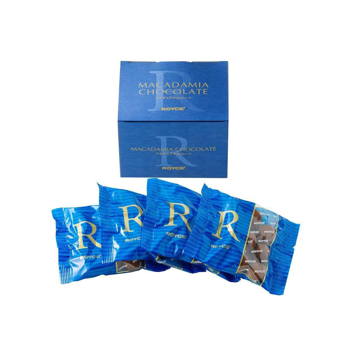 ROYCE' Chocolate - Macadamia Chocolate - Image shows a blue box with the words Macadamia Chocolate ROYCE' on top and bottom. Below image shows four packets with blue stripes and the words R ROYCE' in gold color.
