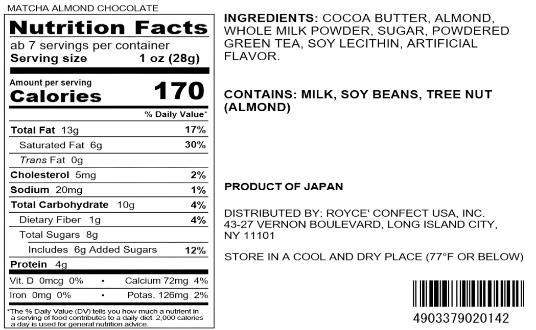 ROYCE' Chocolate - Matcha Almond Chocolate - Nutrition Facts