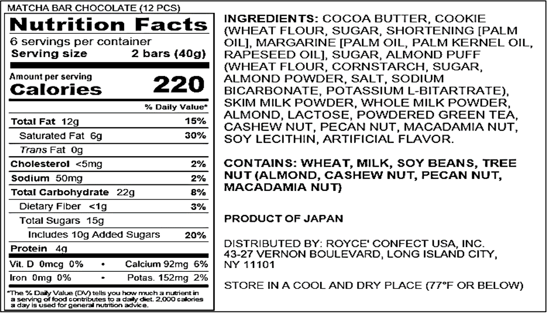 ROYCE' Chocolate - Matcha Bar Chocolate - Nutrition Facts