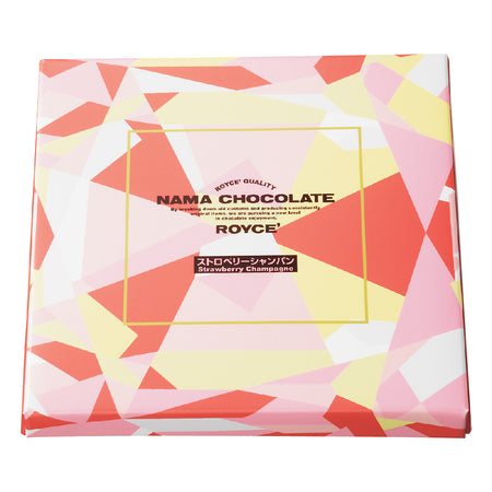 Image shows a box with geometric prints in red, pink , and yellow colors and hues. Text in golden square says ROYCE' Quality Nama Chocolate By breaking down old customs and producing consistently original items, we are pursuing a new level in chocolate enjoyment. ROYCE' Strawberry Champagne. Background is in white.