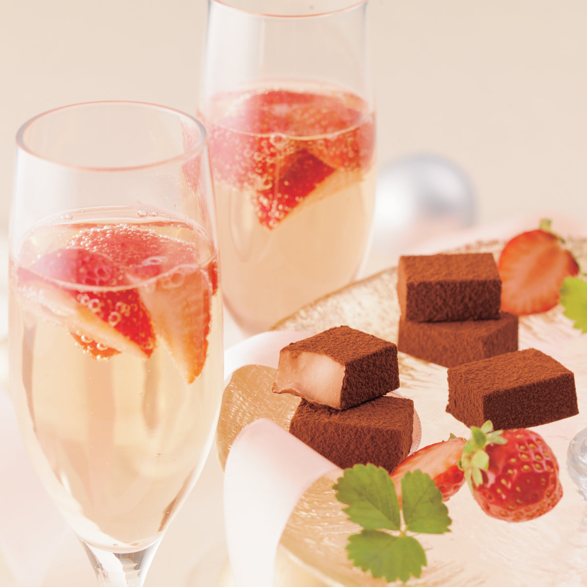 Image shows brown chocolate blocks on a clear plate with red strawberries and green leaves with white ribbon. Accents include champagne glasses filled with champagne and red strawberries. Background is in flesh color with a blurry picture of a white ball.