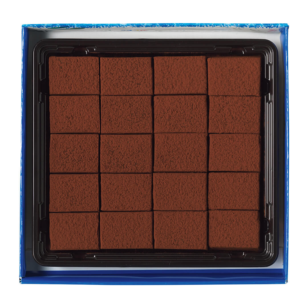 ROYCE' Chocolate - Nama Chocolate "Caramel Salé & Orange" - Image shows brown chocolate blocks on a black tray in a box with blue edges.