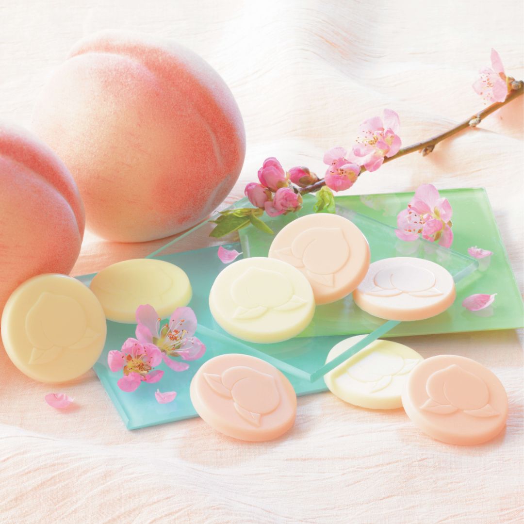 ROYCE' Chocolate - Hakutouberry & Hakutouwhite Chocolate - Image shows light pink and white chocolate discs embossed with a peach-shaped pattern, as placed on a clear plate. Accents include a green plate, a blue paper, pink flowers, a brown twig with green leaves and pink flowers, peach fruits, and a light pink tablecloth.