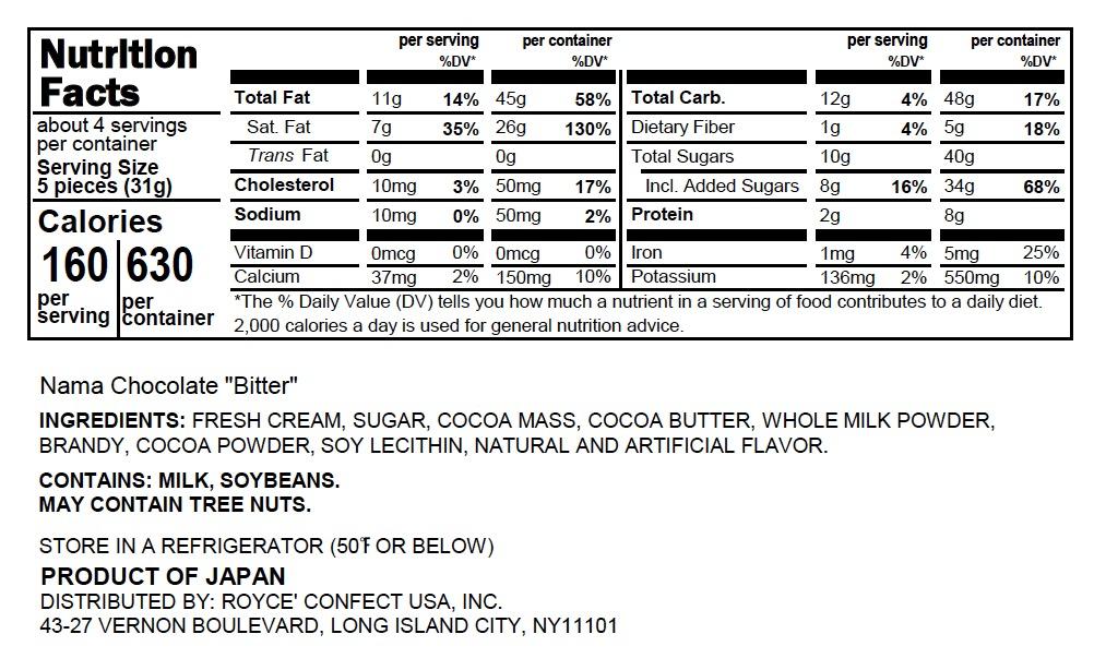 ROYCE' Chocolate - Nama Chocolate "Bitter" - Nutrition Facts