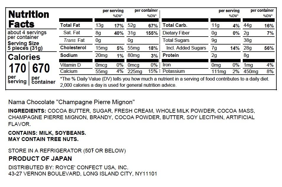 ROYCE' Chocolate - Nama Chocolate "Champagne Pierre Mignon" - Nutrition Facts
