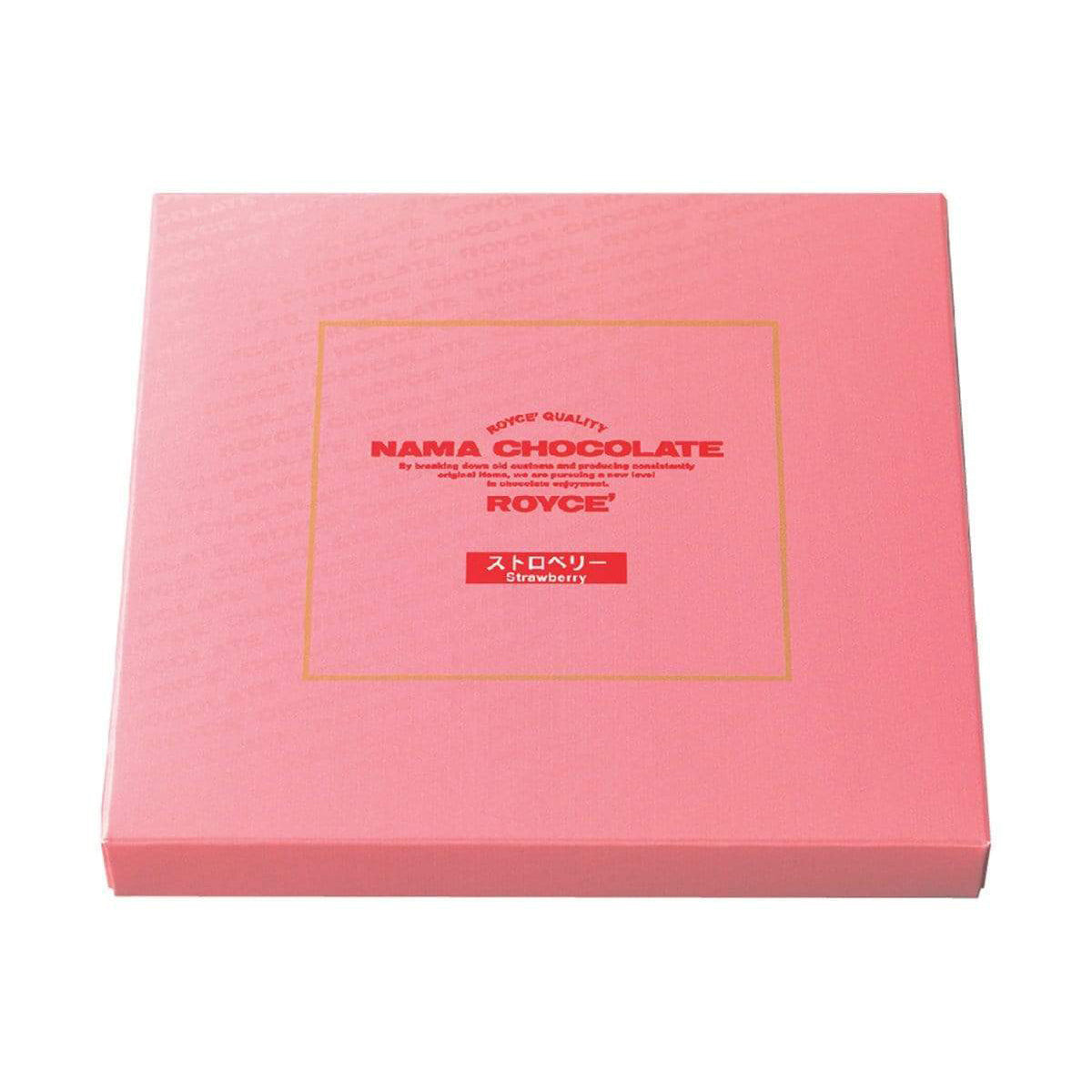 ROYCE' Chocolate - Nama Chocolate "Strawberry" - Image shows a pink box. Red text inside golden square says ROYCE' Quality Nama Chocolate By breaking down old customs and producing consistently original items, we are pursuing a new level in chocolate enjoyment. ROYCE' Strawberry.