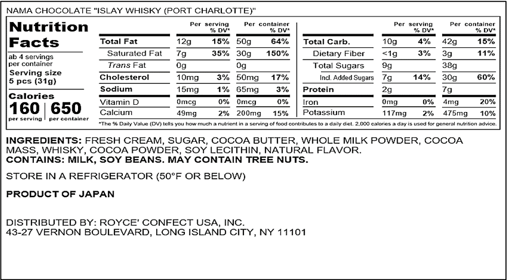 ROYCE' Chocolate - Nama Chocolate "Islay Whisky (Port Charlotte)" - Nutrition Facts