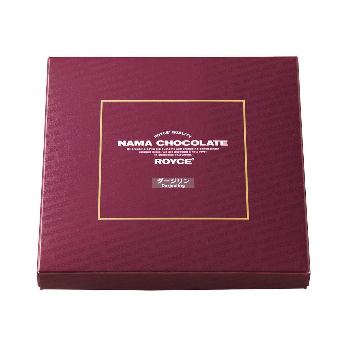 ROYCE' Chocolate - Nama Chocolate "Darjeeling" - Image shows a maroon box. White text inside golden square says ROYCE' Quality Nama Chocolate By breaking down old customs and producing consistently original items, we are pursuing a new level in chocolate enjoyment. ROYCE' Darjeeling.