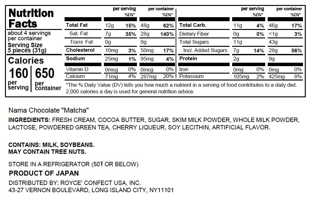 ROYCE' Chocolate - Nama Chocolate "Matcha" - Nutrition Facts