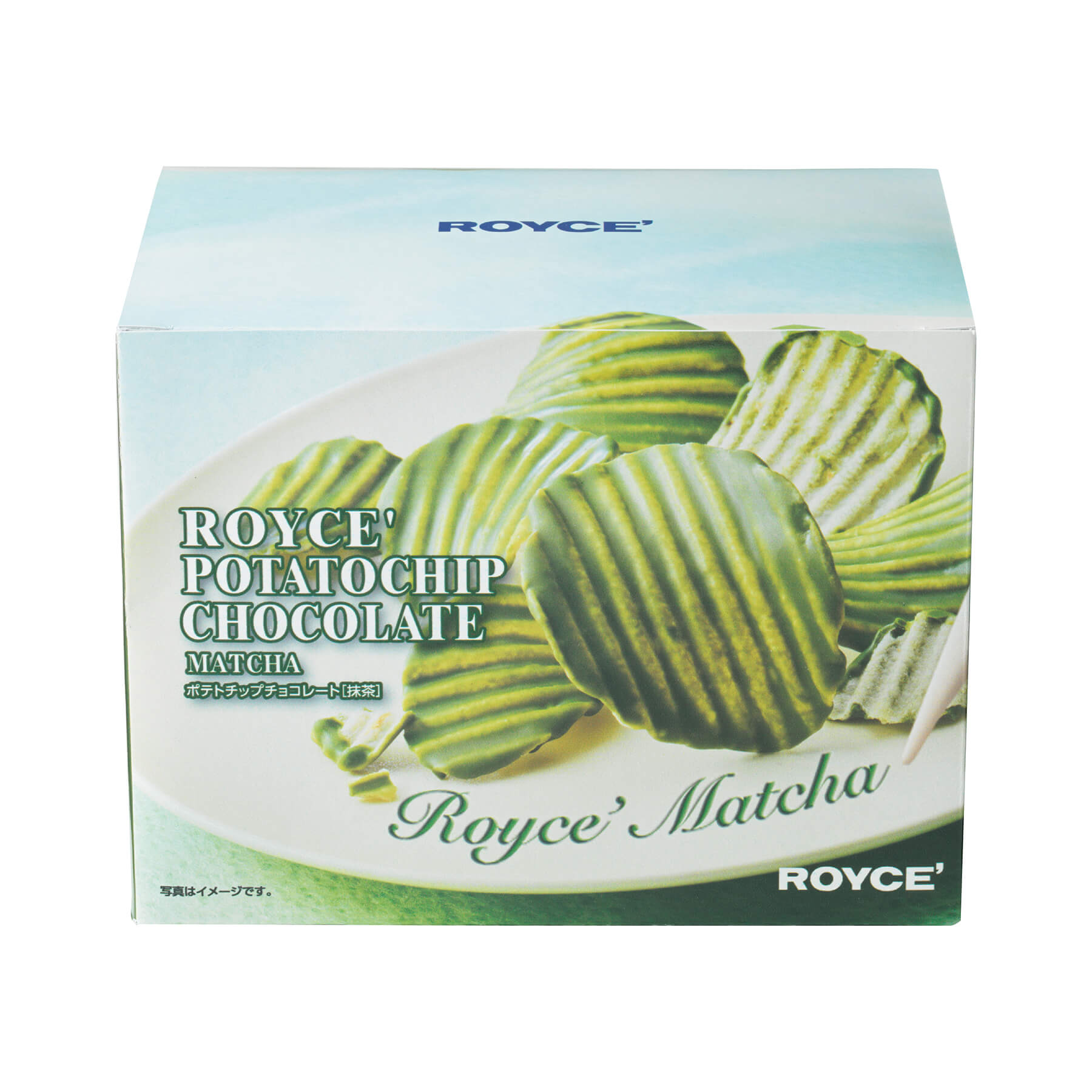 ROYCE' Chocolate - Potatochip Chocolate "Matcha" - Image shows a box colored in shades of blue and green with a picture of green potato chips on a plate. Text says ROYCE'. ROYCE' Potatochip Chocolate Matcha. ROYCE' Matcha. ROYCE'.